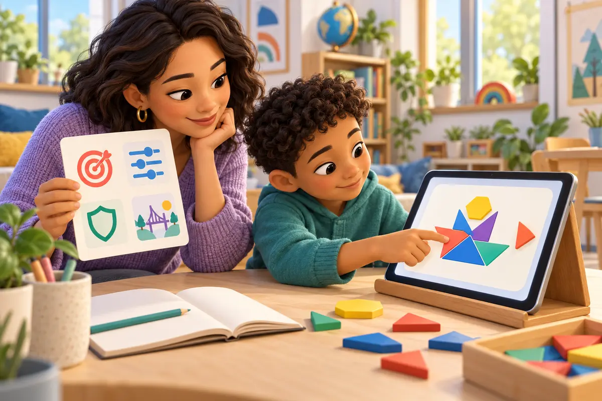 A parent and child evaluate a tablet learning activity using goal, fit, privacy, and transfer icons.