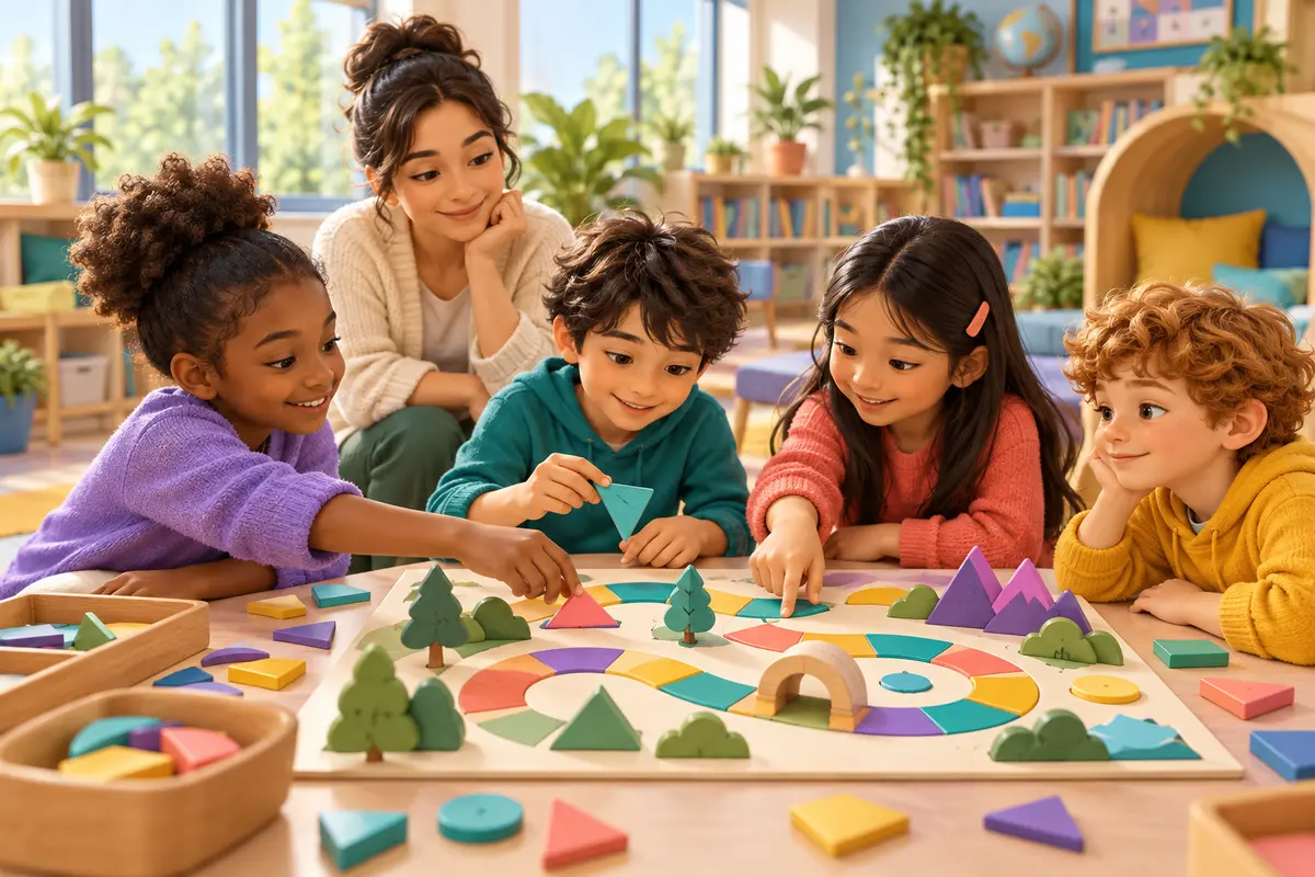Four children collaborate on a colorful tabletop path puzzle while an educator observes.