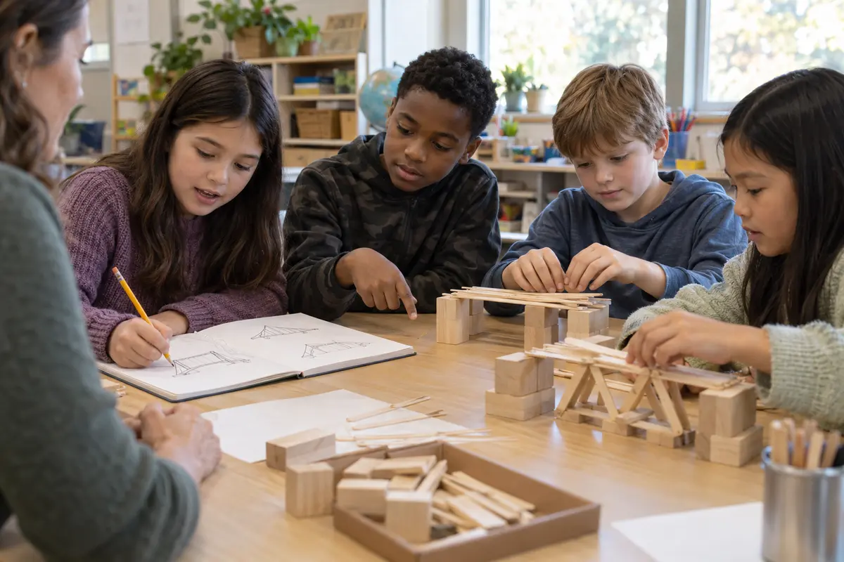 Four students compare sketches and wooden bridge models during a collaborative classroom design challenge.