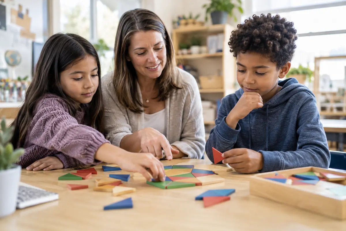 A teacher and two students calmly revise a geometric logic puzzle together in a sunlit classroom.