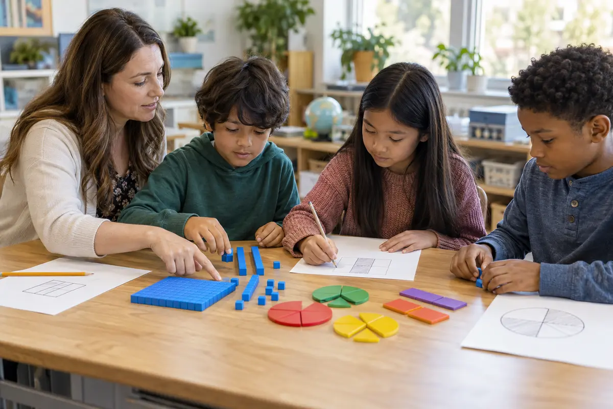 A teacher and three students connect base-ten blocks and fraction pieces with drawings in a sunlit classroom.