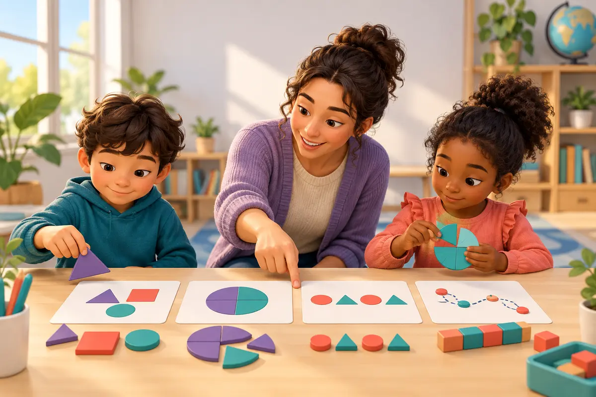 İki çocuk öğretmenleriyle birlikte şekil, kesir, örüntü ve ölçme kartlarıyla karışık matematik çalışması yapıyor.