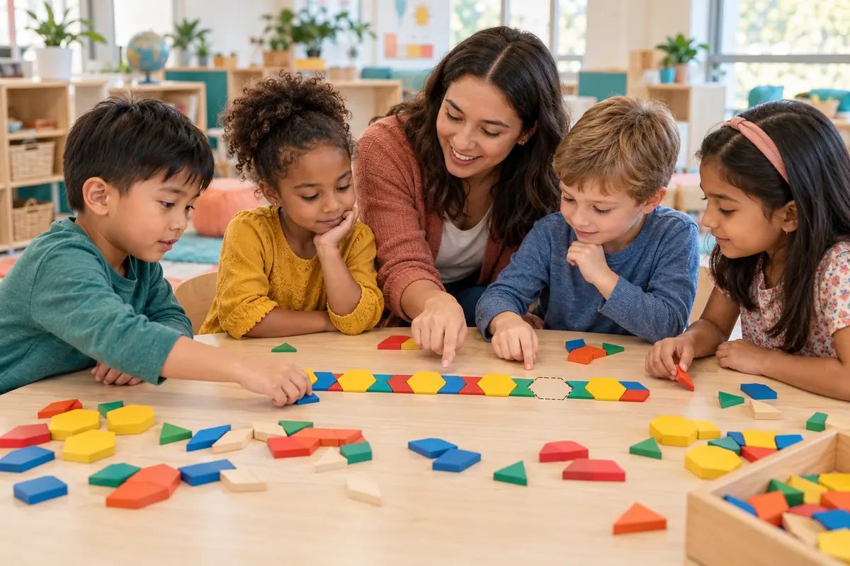 Bir öğretmen ve ilkokul çağındaki dört çocuk, güneşli bir sınıf masasında renkli geometrik karoları tekrar eden bir desen halinde düzenliyor.