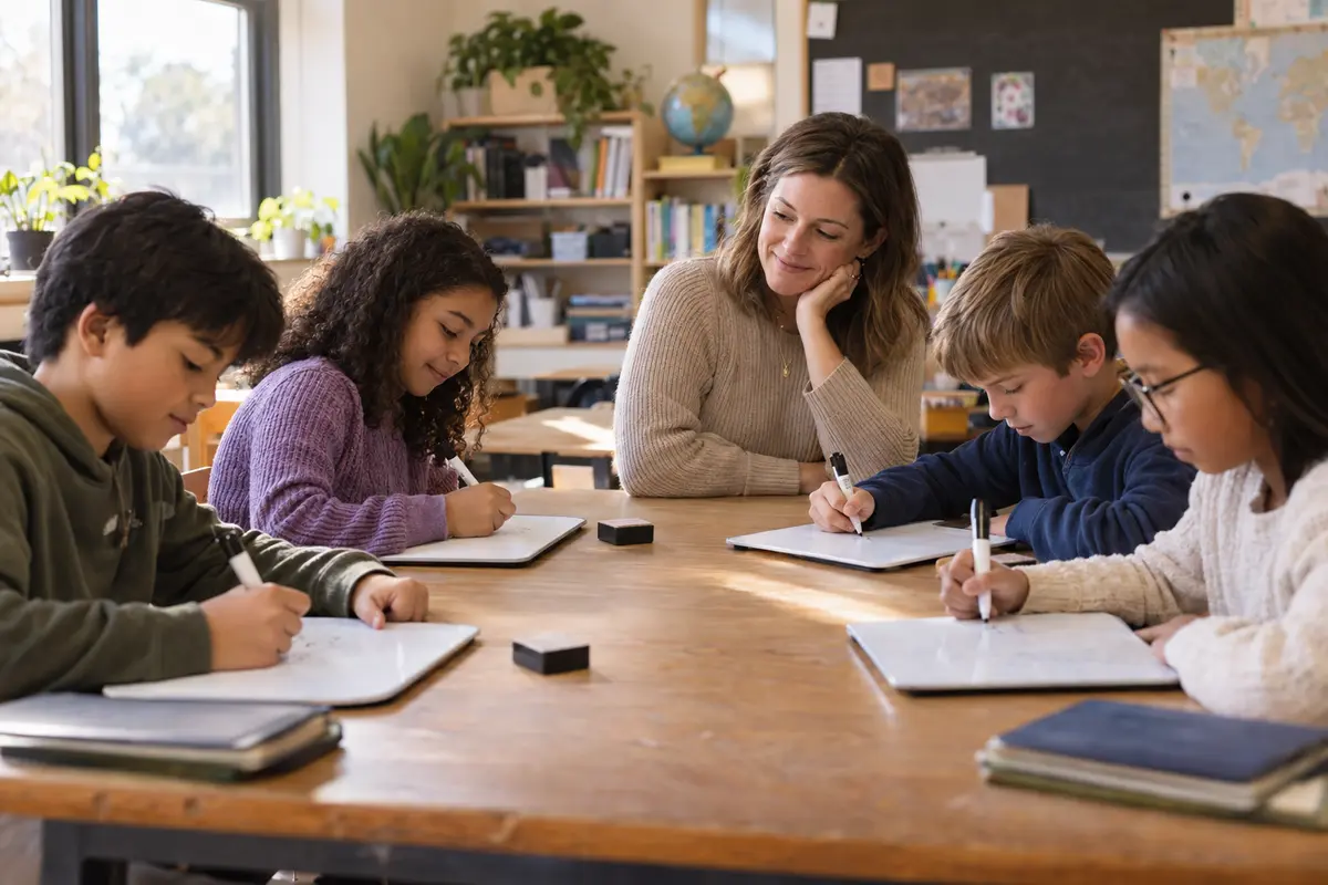 A teacher calmly watches four upper-elementary students recall ideas on small whiteboards in a sunlit classroom.
