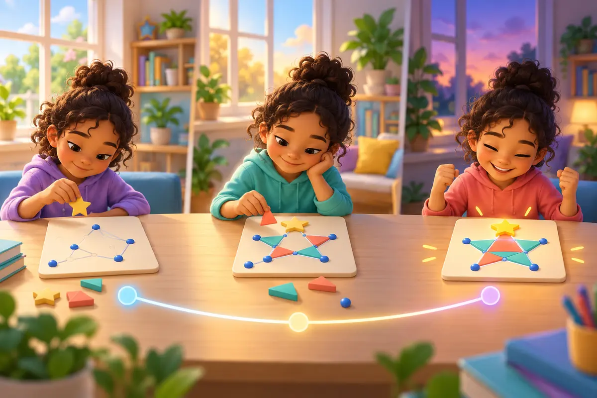 A child revisits the same shape-and-star puzzle across three study sessions from morning to evening.