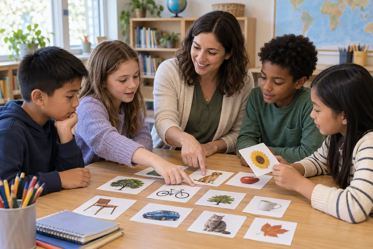 A teacher and four students discussing picture cards during a classroom vocabulary game.