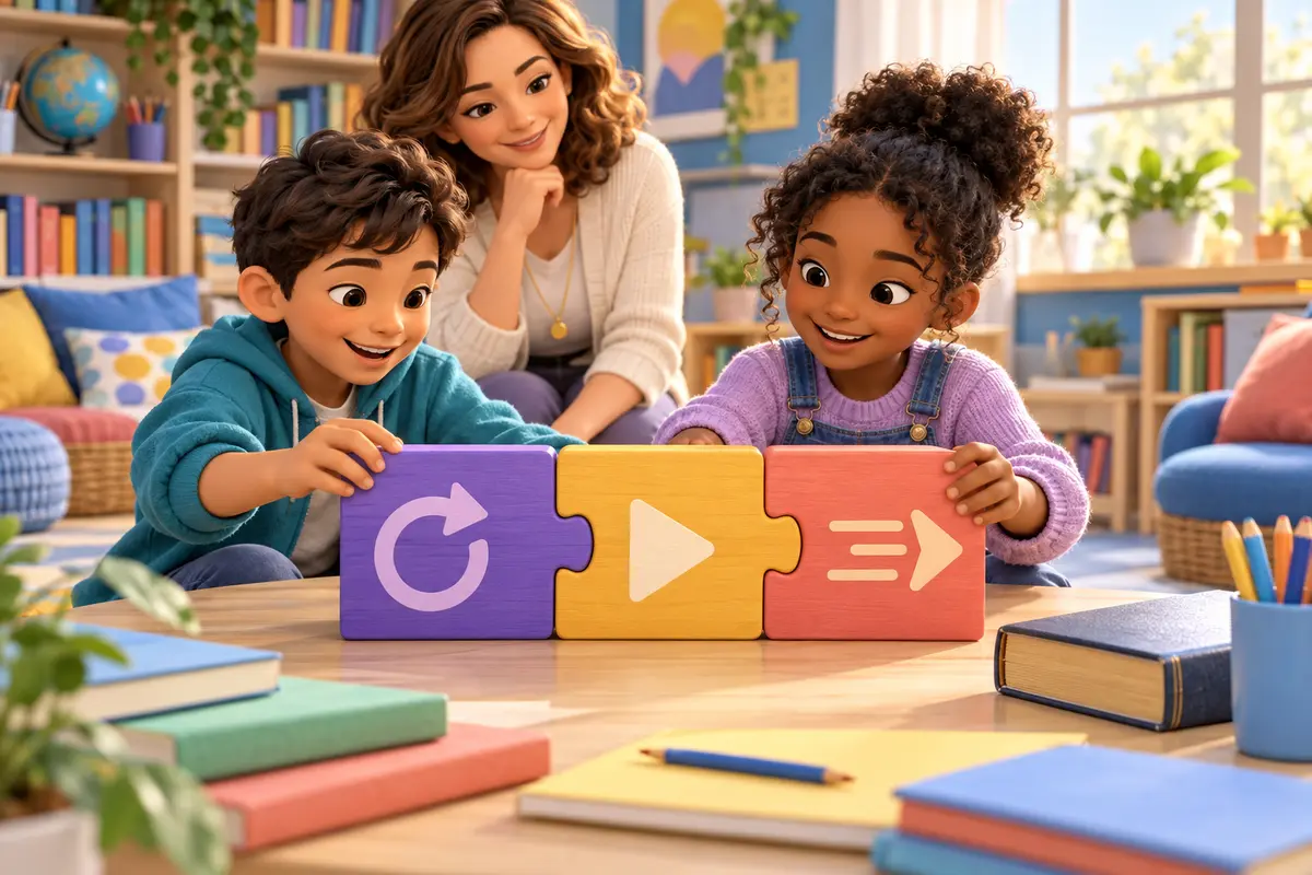 İki çocuk, bir öneki, bir kök kelimeyi ve bir soneki temsil eden üç renkli ahşap yapboz bloğunu birleştiriyor.