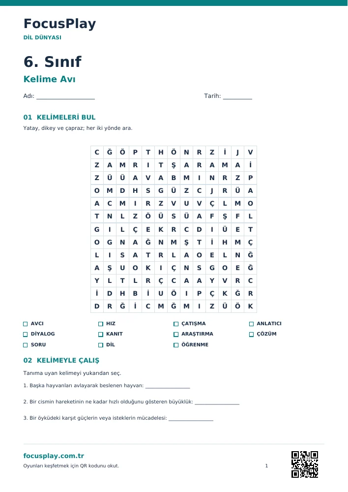 6. Sınıf Kelime Avı Etkinliği